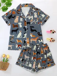Women's Casual Pajama Set, 2-Piece Summer Sleepwear, Short Sleeve Cardigan & Shorts, Dog Park Print, All-Season Wearable Loungewear, Homewear, Pyjamas