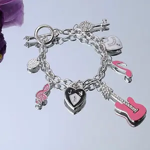 Charm Bracelet with Heart Guitar and Treble Clef Charms Silver Tone Fashion Jewelry for Women