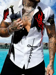 Men's Anime Style Short Sleeve Shirt, Background Samurai Sword Flame Print, Casual Slim-Fit Collared Top, Streetwear Fashion