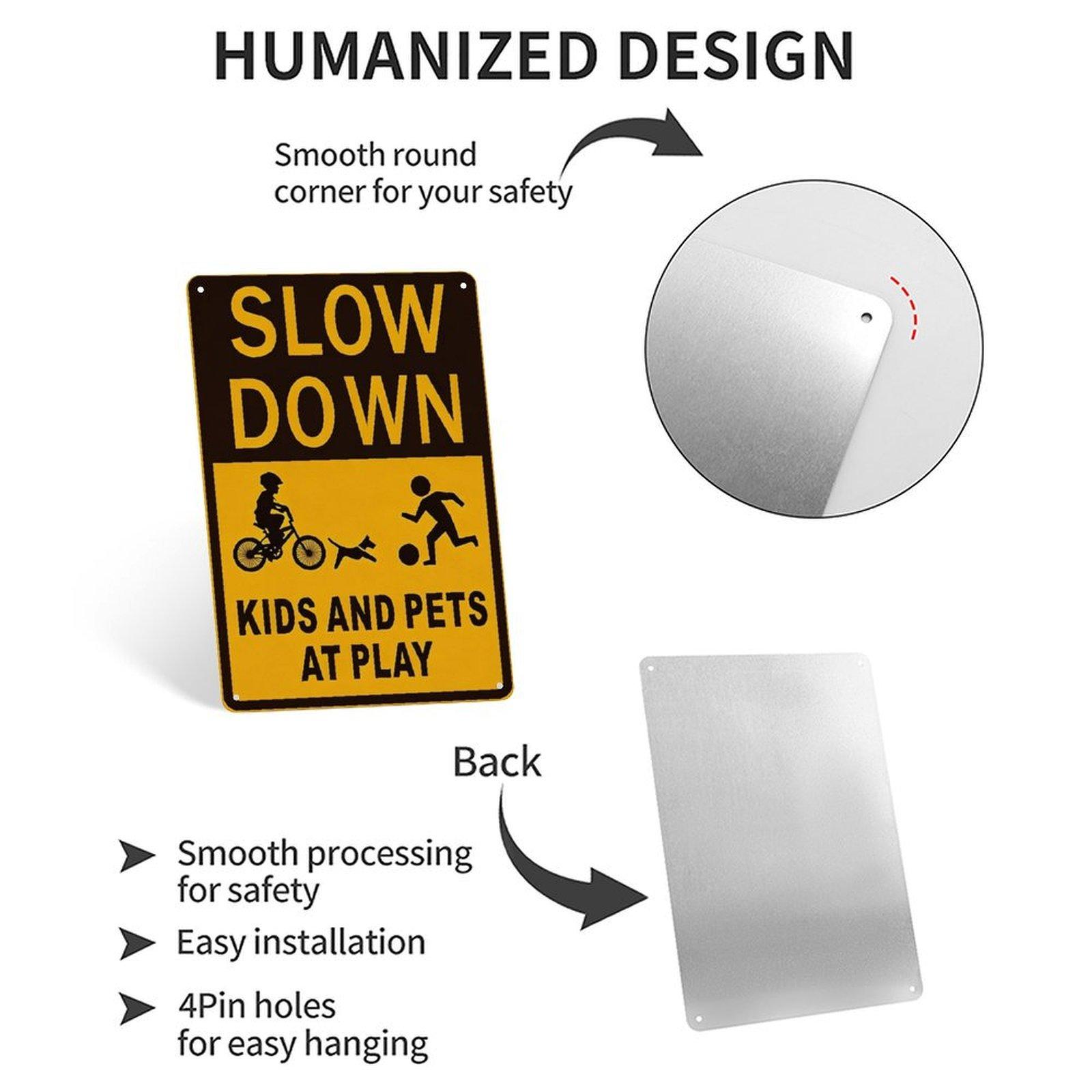 Kids & Pets at Play Slow Down Warning Aluminum Tin Sign, 8"×12" (20×30cm) Reflective Style Safety Sign for Driveway, Neighborhood, Suburban Home, Outdoor Yard Decor