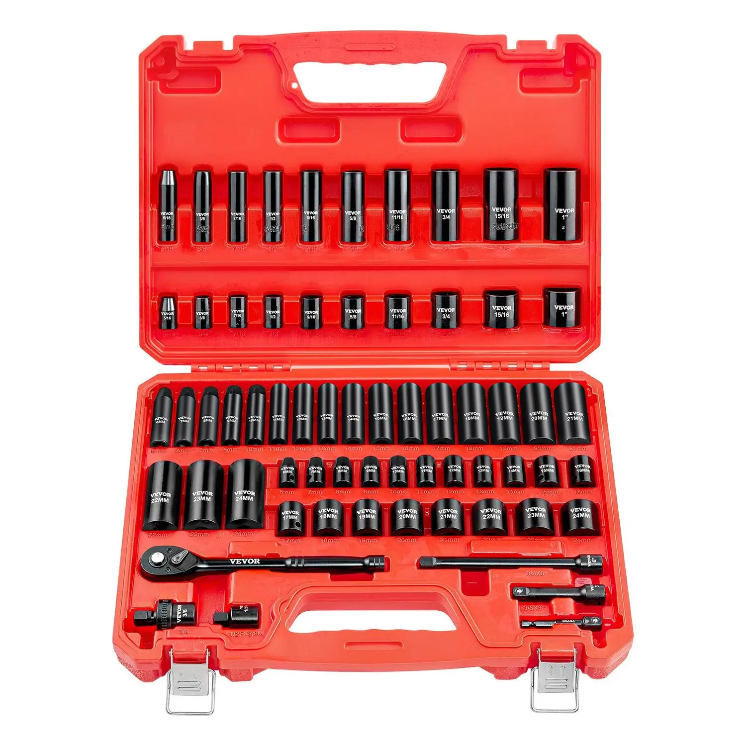3/8 in Drive Impact Socket Set, 64 Piece, 6 Point Deep & Shallow Impact Sockets, SAE (5/16 in to 1 in) and Metric (6 to 24 mm) Sizes with 3 in & 6 in Extension Bars, Cr-V Steel, Carrying Case