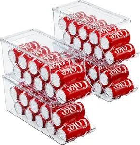 NEW 4 Pack Stackable Refrigerator Organizer, Soda Can Dispenser Pop Cans Container Beverage Holder with Lid for Fridge, Freezer, Kitchen, Clear Plastic Storage Bins-Holds 10 Cans Each -TransParent