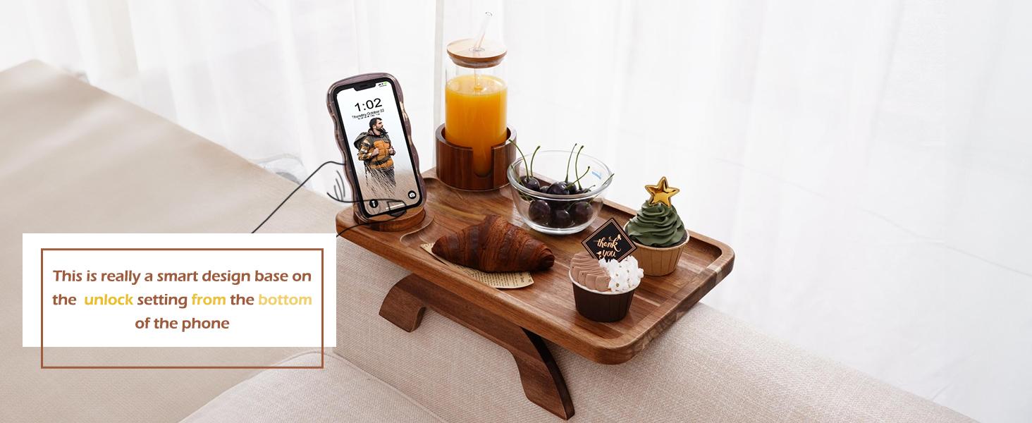 Couch Cup Holder Tray, 3 in 1 Large 15.36"x9.85" Acacia Wood Sofa Arm Clip on Tray Table with 360°Rotated Phone Holder on Armrest