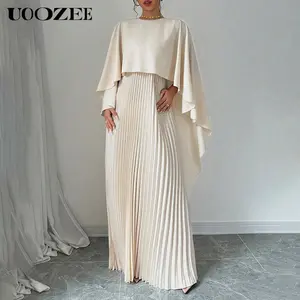 Cape High-Low Pleated Solid Color Split-Joint Round-Neck Evening Dresses Maxi Dresses Formal Womenswear Long Sleeve Casual