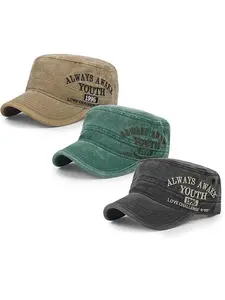 3Pcs Cadet Hat Military Cap Washed Cotton Flat Cap Casual Outdoor Hat for Men Adjustable Army Hat