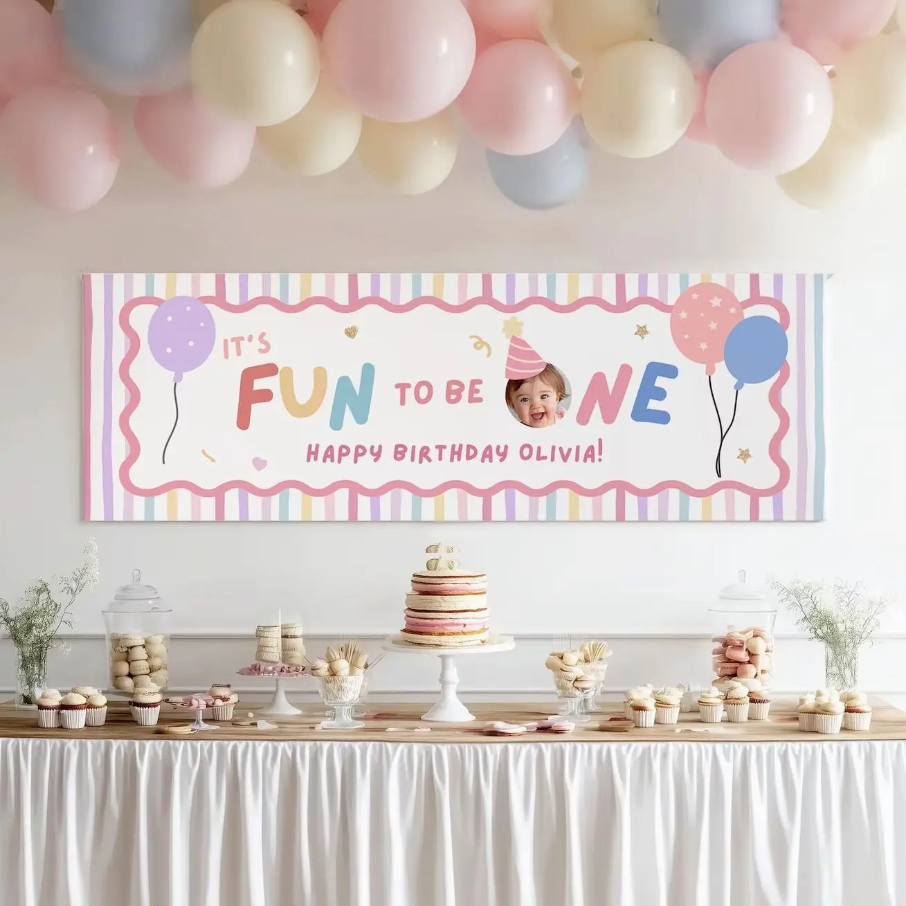Fun to Be One Birthday Banner, 1st Birthday Girl Backdrop with Photo, Colorful First Birthday Decorations