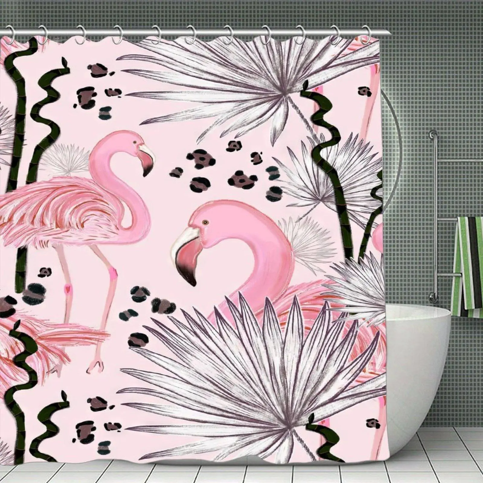 Pink Flamingo Shower Curtain, Palm Leaf and Leopard Spot Pattern, Chic Tropical Bathroom Decor