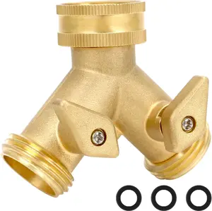 STYDDI Garden Hose Splitter 2 Way Heavy Duty, Solid Brass 2-Way Water Hose Splitter, Outdoor Faucet Spigot Splitter Two Way Connector, Y Valve Garden Tap Hose Adapter with 3 Hose Washers