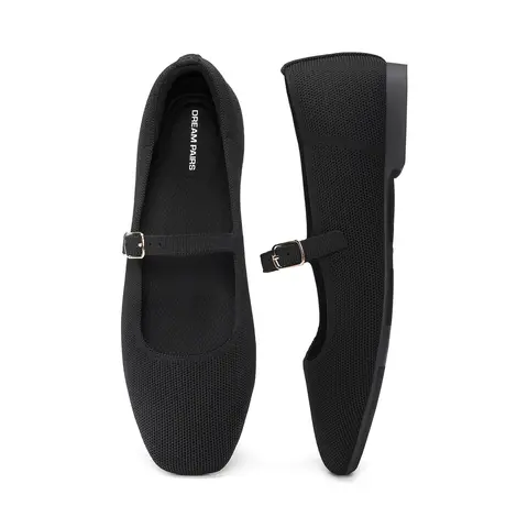 Dream Pairs Women's Mary Janes Shoes - Comfortable Square Toe Knit Walking Shoes with Low Heel, Flexible Arch Support, Foam Cushion, Flat Sole, Foldable Simple Ballet Flats for Work & Casual Wear