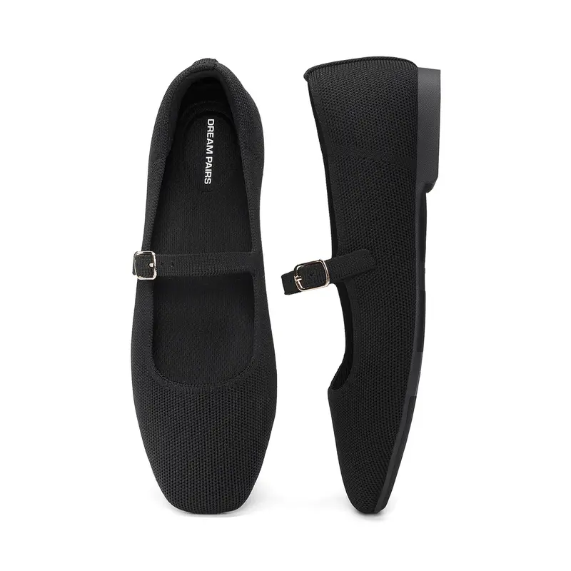Dream Pairs Women's Mary Janes Shoes - Comfortable Square Toe Knit Walking Shoes with Low Heel, Flexible Arch Support, Foam Cushion, Flat Sole, Foldable Simple Ballet Flats for Work & Casual Wear