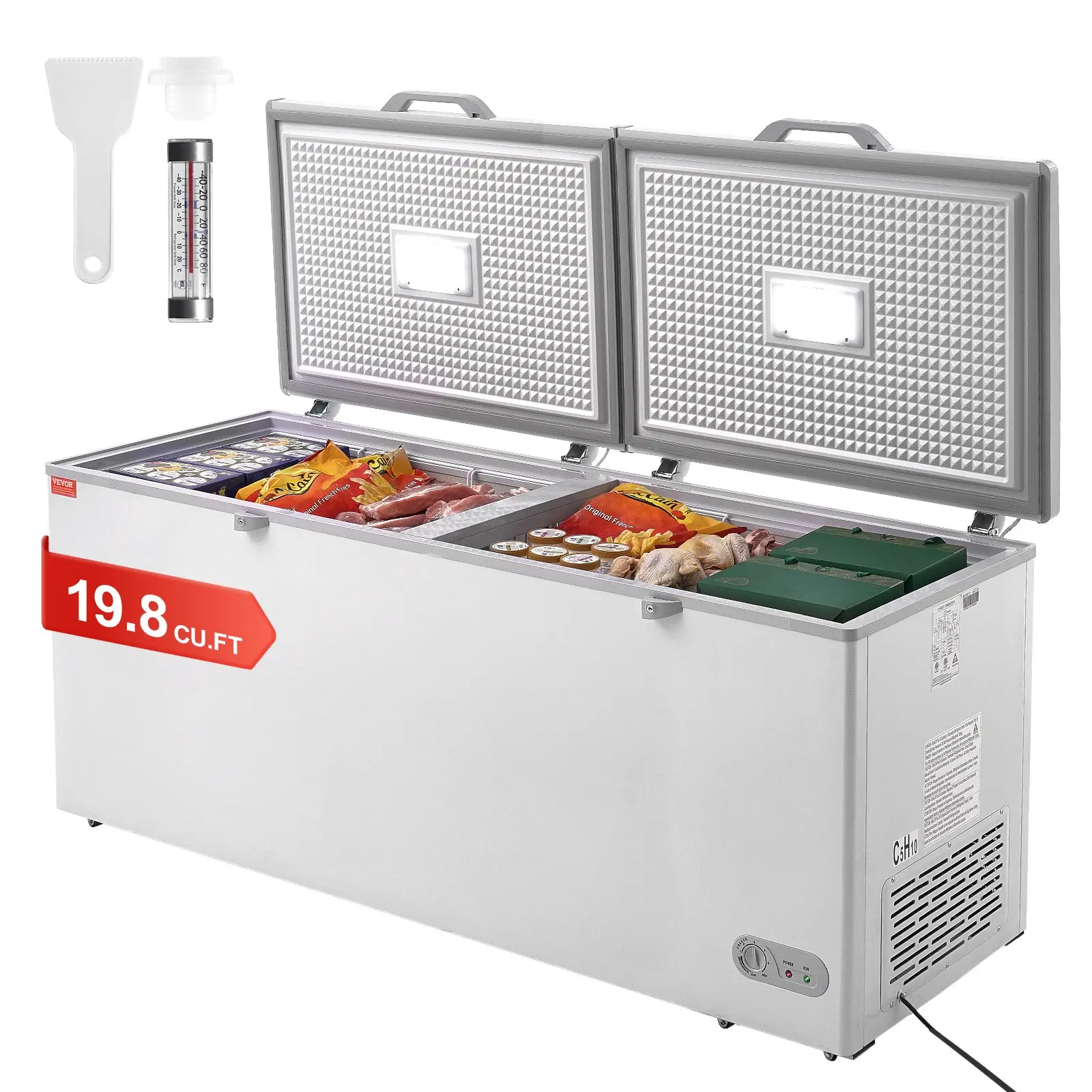VEVOR Chest Freezer, 19.8 Cu. ft/ 561 L Large Deep Freezer with Split Top Double Locking Lids, Freestanding Commercial Chest Freezer 4 Removable Baskets, 7-Level Adjustable Temp, LED Light, 6 Wheels