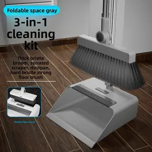 3-in-1 Rotating Broom & Dustpan Set for Hardwood Floors, Soft Bristles & Adjustable Head | Long Handle Space Saving Combo, Gray Cleaning Kit for Home, Tile & Pet Hair