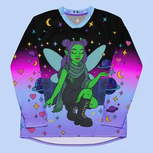 Cosmic Disco Fairy Rave Jersey – Alien Girl Hockey Shirt, Psychedelic Festival Outfit, Vaporwave Y2K Clubwear, Long Sleeve Rave Top
