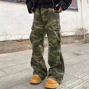 Men's Spring and Autumn Camouflage Cargo Pants Trendy Loose Casual Wide-leg Men's Sports High Street Straight Pleated Denim Trousers