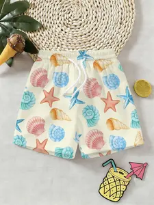 Trendy Boys' Oceanic 3D Beach Shorts, Shell Starfish Kids Vacation Wear, Ideal Outdoor Gift, Perfect Birthday Present