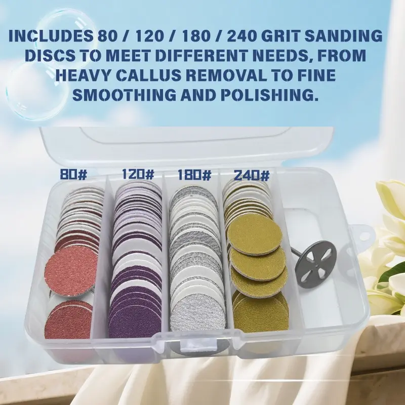 120pcs 25mm Diamond Grit Sandpaper Sheets, Stainless Steel Polisher Shaft, 80/120/180/240 Grits, Electric Nail Care & Foot File Replacement Disc