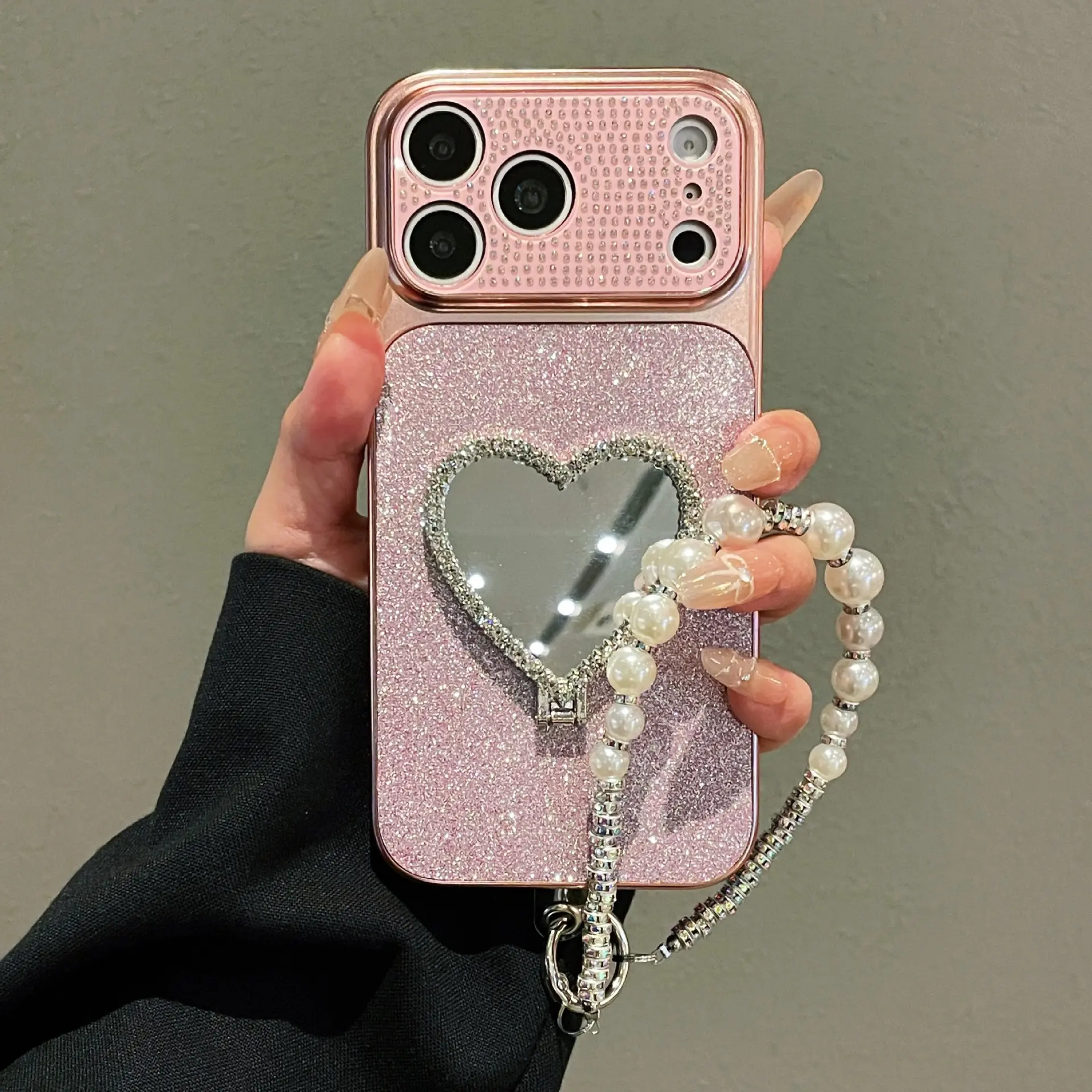 (Case & Nova) Luxury Glitter Sparkle Smartphone Case - Heart Mirror Stand, Pearl Beaded Wrist Strap, Crystal Bow, Shockproof Silicone Cover for iPhone 17 Pro Max,16,15,14,13,12 - Secure Anti-Theft Designer Cellphone Accessory