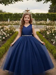 Girl's Rhinestone Decor Contrast Mesh Big Bow Fit and Flare Party Dress, Elegant Sleeveless V Neck Tulle Overlay Dress for Performance Wedding Guest, Kids Partywear, Birthday Party Dresses