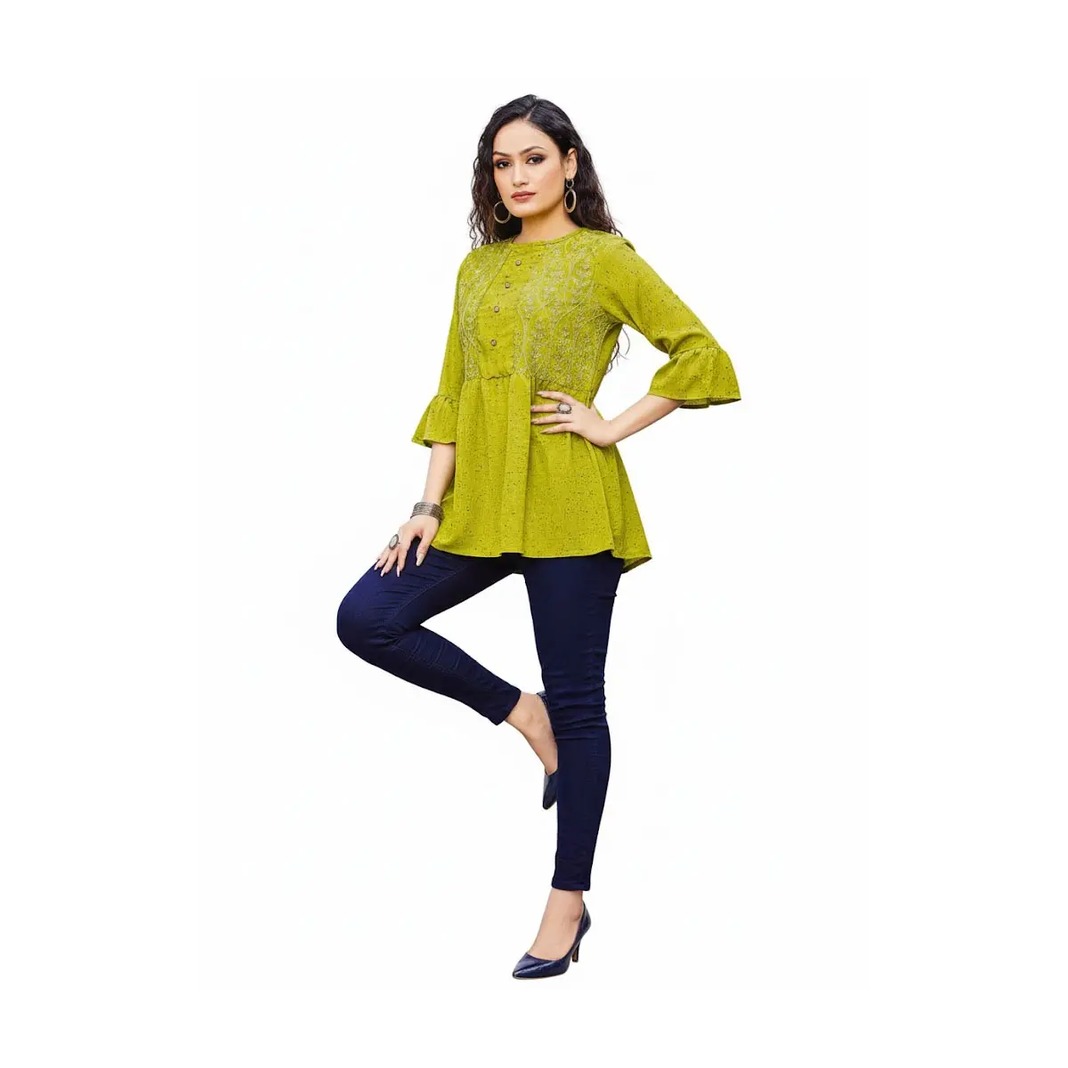 #AR-4004 Lime Green Embroidered  Rayon Kurti/Tunic for Women – 3/4 Bell Sleeves, Buttoned Yoke – Casual Ethnic Top
