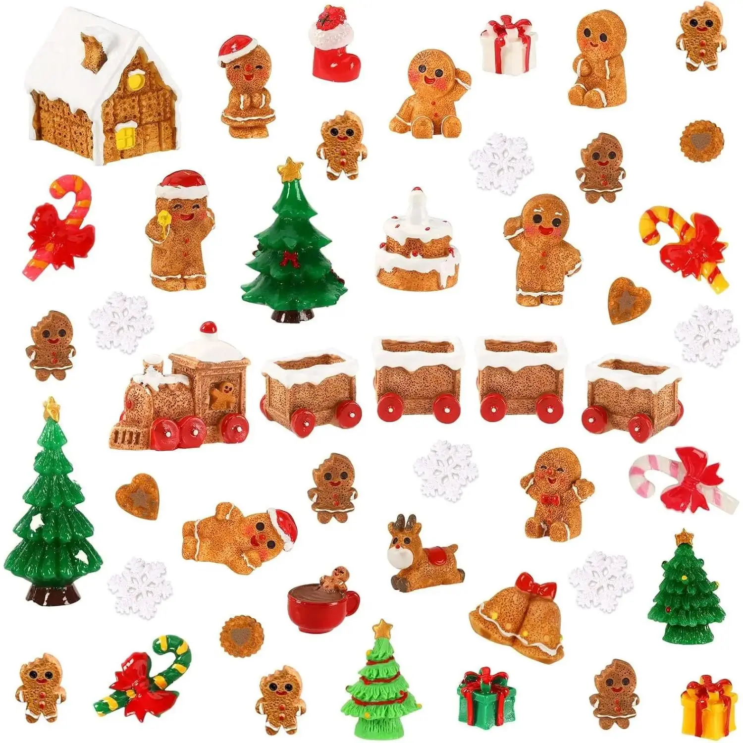 56-Count Mini Gingerbread Men Ornaments Set, Christmas Figurine Decorations for Xmas Tree, Christmas Village Party Favors, Synthetic, Neighbors
