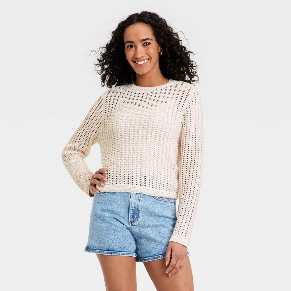 Universal Thread Women's Crochet Openwork Crewneck Knit Sweater Cream Long Sleeve Pullover Classic Fit 100% Cotton Ribbed Cuffs and Hem
