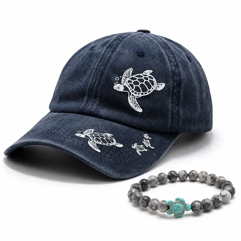 Sea Turtle Themed 2-Piece Accessory Set - Washed Cotton Casual Baseball Cap, Acrylic Charm Bracelet, Gift for Anyone Who Loves Sea Turtles
