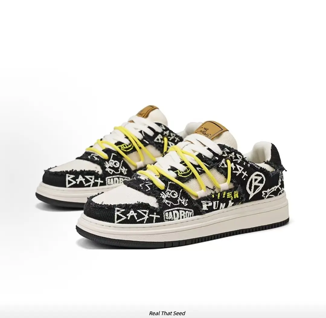 Black Raw Edge Canvas Platform Skate Shoes Graffiti Letter Print Double Yellow Laces Chunky Sole Punk Street Casual Sneakers Unisex