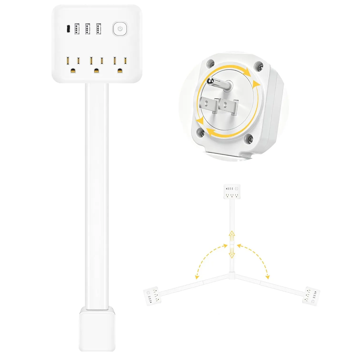 Outlet Extender, 360° Rotating Wall Outlet with Switch, 3 AC Outlets, 3 USB-A & 1 USB-C, Extends 17"-26", Use for Hard-to-Reach Outlets Behind Couches, Nightstands, Desks, Beds