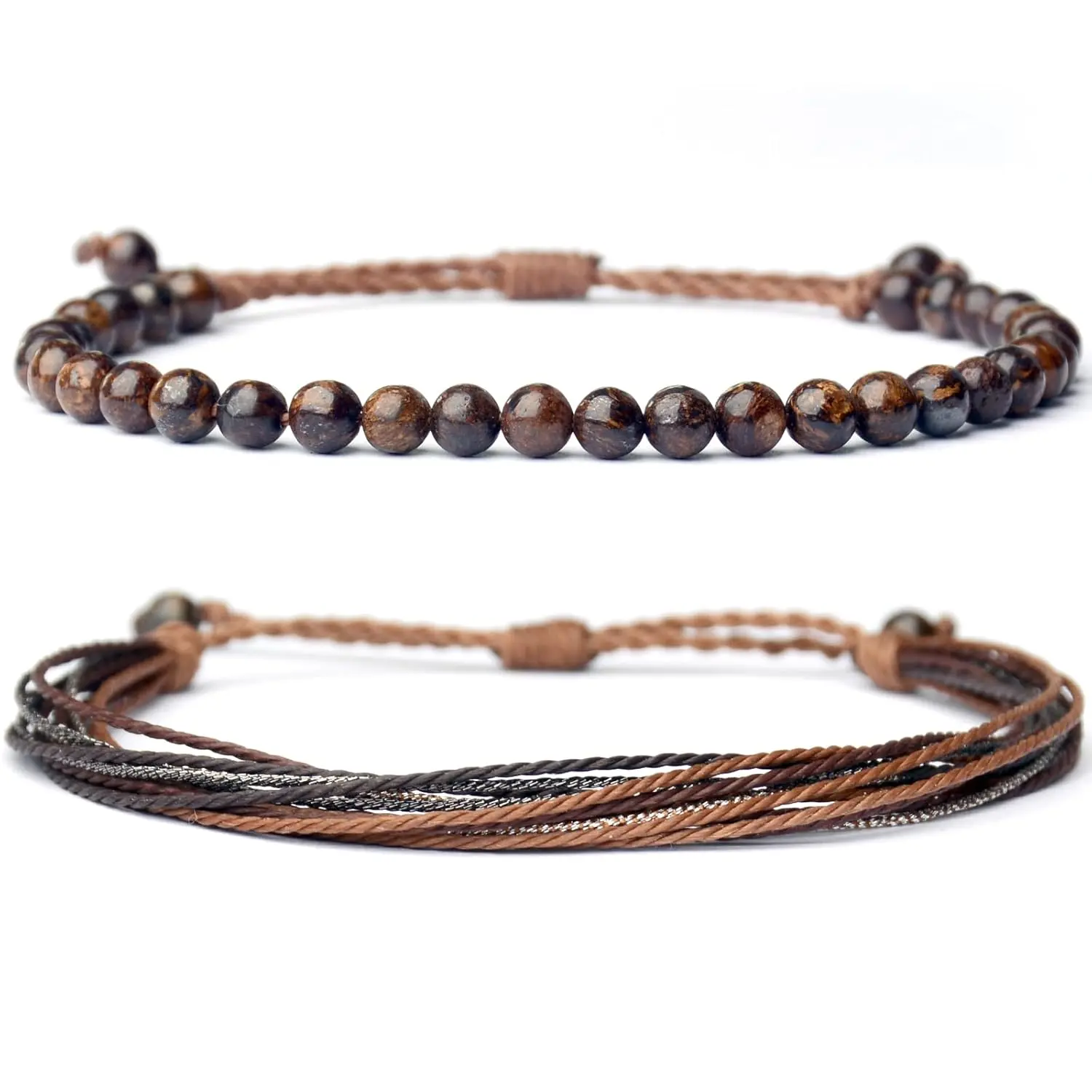 Stone Beaded Bracelets for Men Women Unisex Adjustable  Rope Bracelets Set Valentine's Day Birthday Gifts for Boyfriend Husband Him (Bronzite)