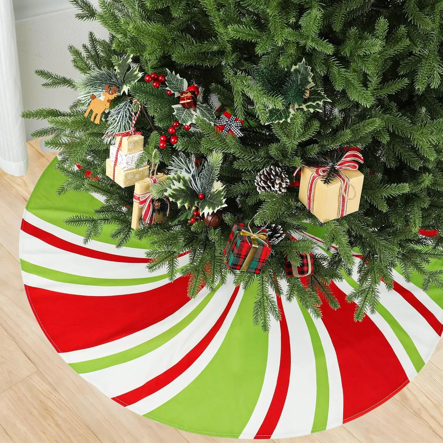 48 Inch Large Christmas Tree Skirt Peppermint Candy Tree Mat Red White Green Candy Swirl Stripe for Xmas Holiday Home Party Ornament Rustic Farmhouse Decoration