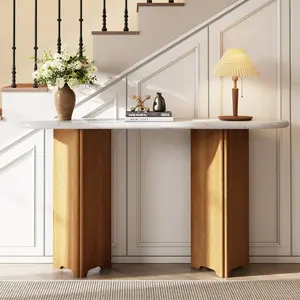 TREXM Narrow Console Table, Entryway Table with Oval Faux Marble Top, Rustic Sofa Table with Curved Legs, Hallway Accent Table for Entrance and Living Room (Natural+White)
