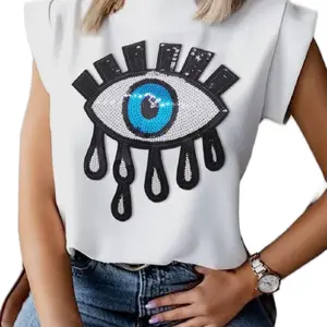 Women's Sequin Scuba T-Shirt with High Neck and Cap Sleeves - Top, Womenswear