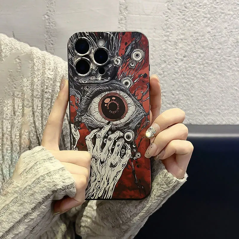 Trendy Dark Gothic Horror Eyeball Phone Case for iPhone 11 12 13 Mini 14 15 Plus 16 17 E 18 Pro Max, Easy Grip Slim Design, Durable Shockproof Protective Casing