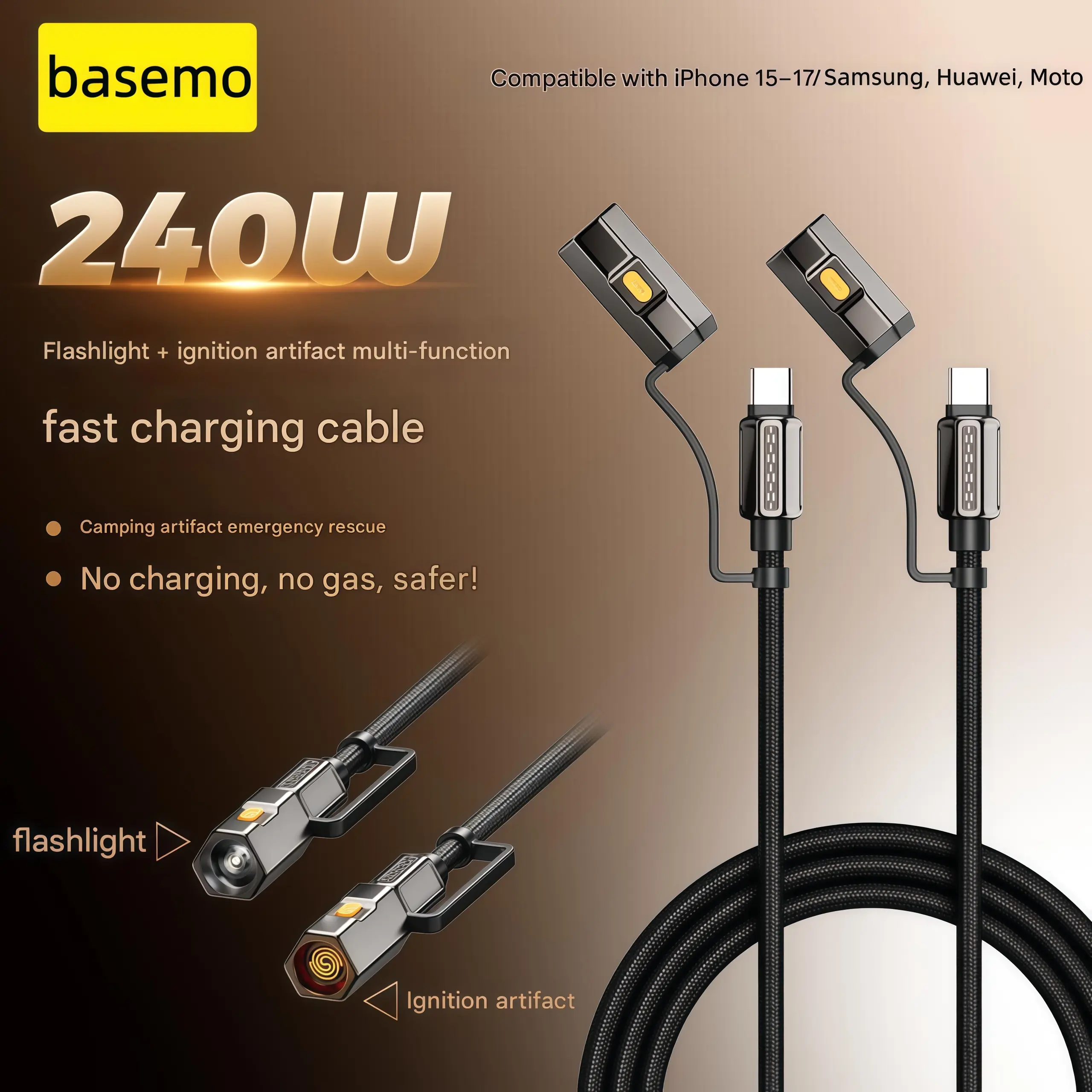 Basemo 2026 Upgraded 240W 4-in-1 Type-C USB Charging Cable - Electronic Mobile Charger with Flashlight, Lighter for iPhone, Samsung, Motorola - Outdoor Camping Emergency Survival Gear, Devices