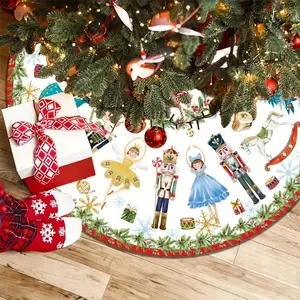 Nutcracker Christmas Tree Skirt with Wreath Design, Festive Polyester Ornament Mat for Indoor Outdoor Holiday Decorations