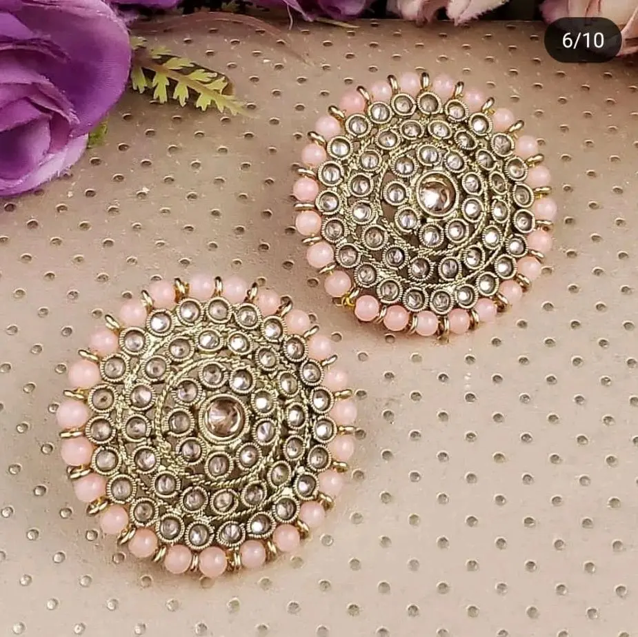 Premium Reverse AD Round Stud Earrings in Polki Style with Pink Beads & Gold-Tone Design - Statement Jewelry for Any Occasion