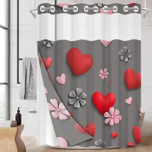 1pc hookless shower curtain with buttoned liner, Valentine's pink and gray heart and flower design 2D flat print, fabric waterproof liner with window, double-layer shower curtain, 71 x 74 inches, modern home curtain decoration
