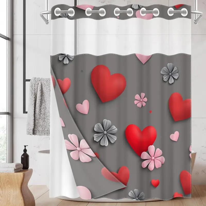 1pc hookless shower curtain with buttoned liner, Valentine's pink and gray heart and flower design 2D flat print, fabric waterproof liner with window, double-layer shower curtain, 71 x 74 inches, modern home curtain decoration