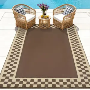 Brown Outdoor Rug 10x14 Waterproof Patio Rugs Modern Checkered Reversible Mat for Front Door Rv Foldable Plastic Straw Carpet for Travel Trailers, Deck, Picnic, Porch, Camper, Balcony, Beach