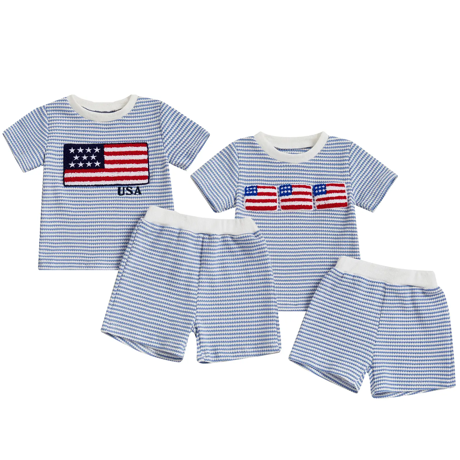 Toddler Baby Boy 4th of July Outfit American Flag Embroidery Striped Short Sleeve T-Shirt and Shorts Set Waffle Knit USA Independence Day Clothes