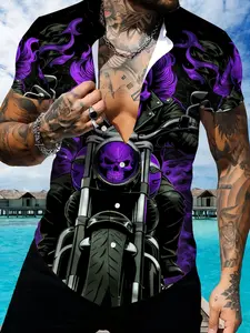 Purple Skull Motorcycle Printed Short Sleeve Collared Shirt, Men's Streetwear Street Trendy Casual Menswear Shirt, Cool Design Fashion Top