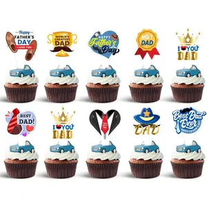 36pcs Happy Fathers Day Cupcake Toppers, Best Dad, I Love My Dad Cupcake Picks with Beard Tie Signs for Happy Father's Day Party Cupcake Decorations
