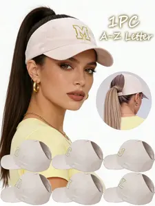 Ponytail Baseball Cap with Chenille A-Z Letter Patch, Adjustable Messy Bun Hat for Women, Lightweight Breathable Sun Hat for Outdoor Sports