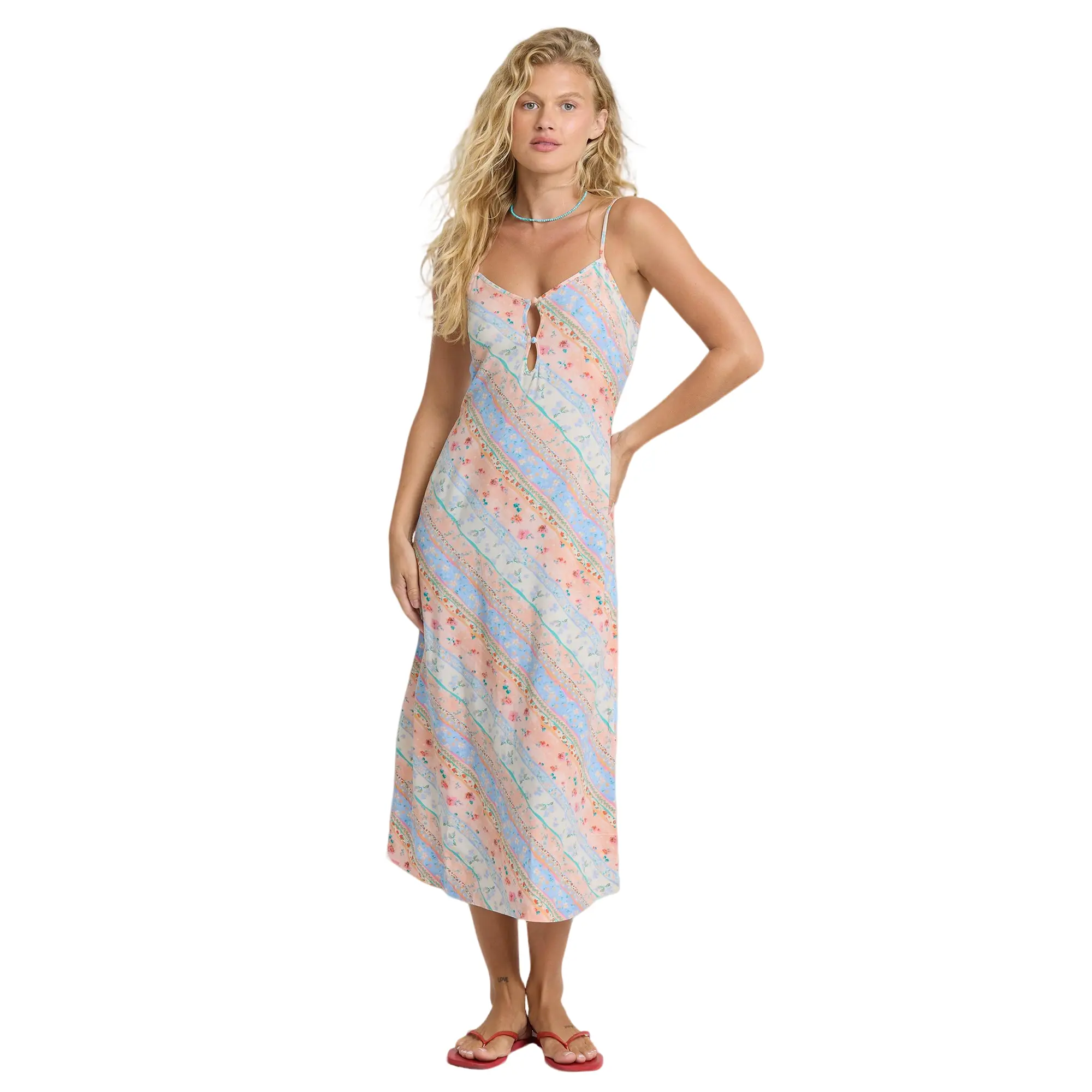 BILLABONG Fresh Daze Midi Dress - Pale Peach, Sleeveless Viscose Poplin Midi Dress, Keyhole Front, Button Back Zipper, Body-Skimming, for Day-to-Night Summer Resort Wedding Guest