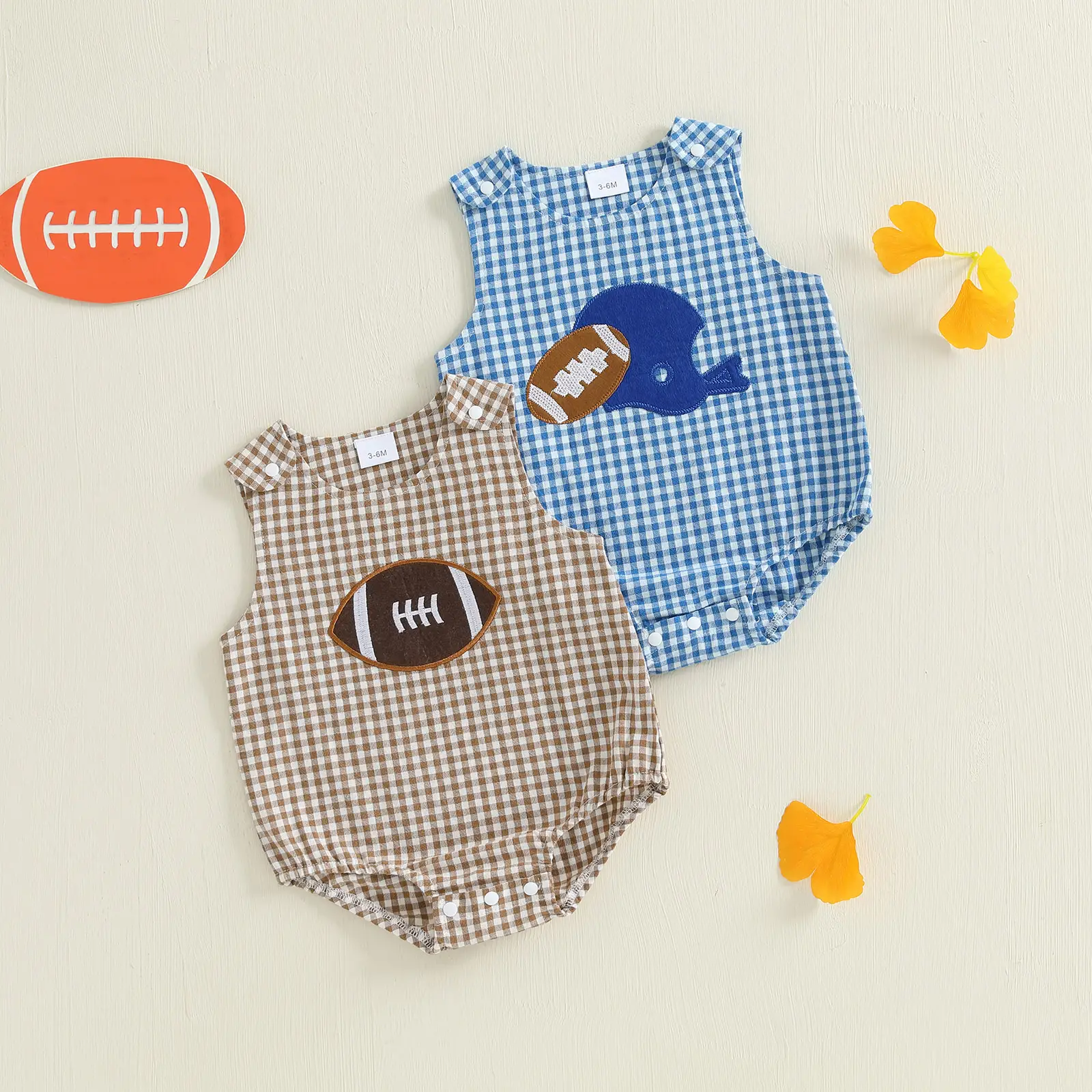 Infant Baby Boy Football Tank Romper Plaid Rugby Embroidered Sleeveless Bodysuit Cute Fall Clothes 0-18 Months