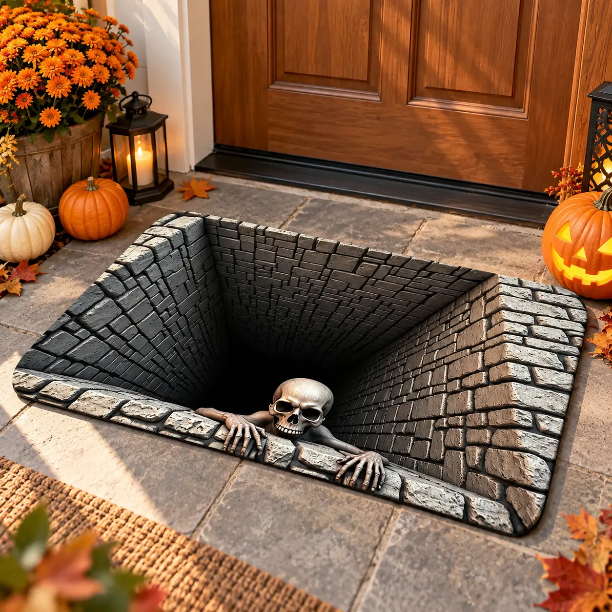 Halloween Textured 3-Dimensional Doormat for Front Porch - 3D Visual Skull, Creepy Clown Entrance Rug, Spooky Welcome Mat for Home Entryway, Halloween Outdoor Decor, Textured Doormats