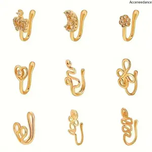 9pcs Non Piercing Nose Clip, U-Shaped Copper Nose Ring With Zirconia, Star & Heart Design Fake Nose Jewelry