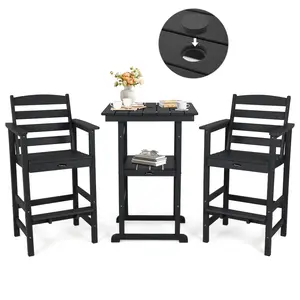FUNBERRY Outdoor Bar Set with Umbrella Holes, Tall Adirondack Chairs and Table, All Weather HDPE Bar Height Outdoor Table and Chairs Set for Bistro Patio Balcony