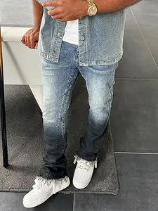 Four Seasons Men's Light Blue Gradient Distressed Slim-Fit Elastic Waistband Denim Jeans, Vintage Retro Stone Wash Streetwear Minimalist Daily Fashion Essential Menswear, Must-Have Men's Pants for Creating Classic American Casual Style 🔥 Skinny Jean
