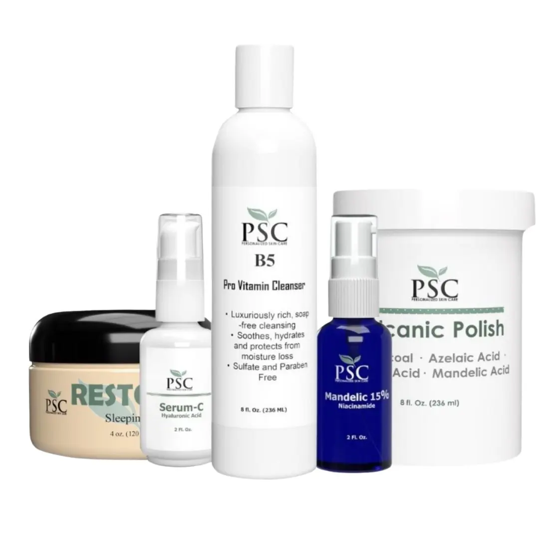 PSC Healthy & Glowy All Skin Types Acne Anti Aging Charcoal Cleanser Gel Gentle Glycolic Facial Serum C & Mandelic Polish Set